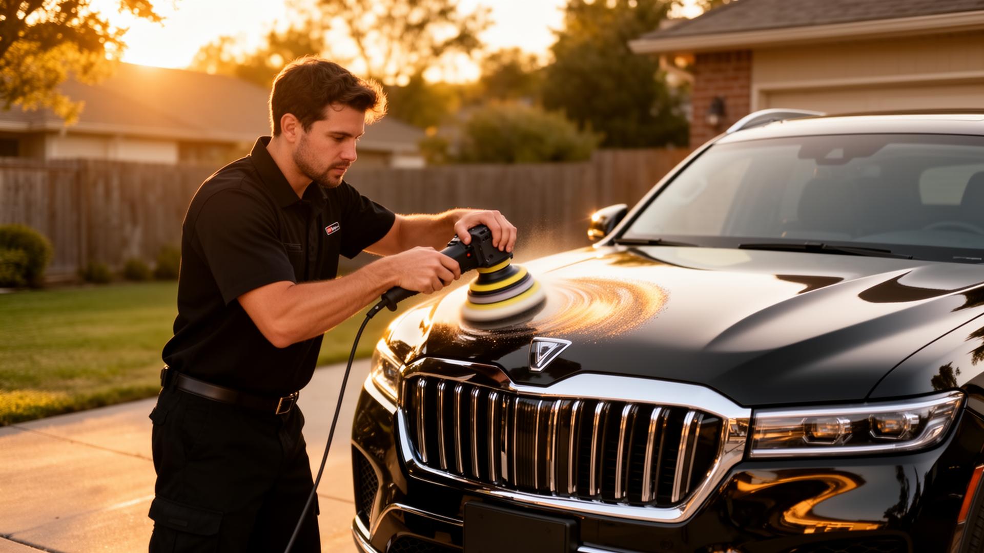 Mobile detailer polishing a luxury SUV in a driveway at sunset