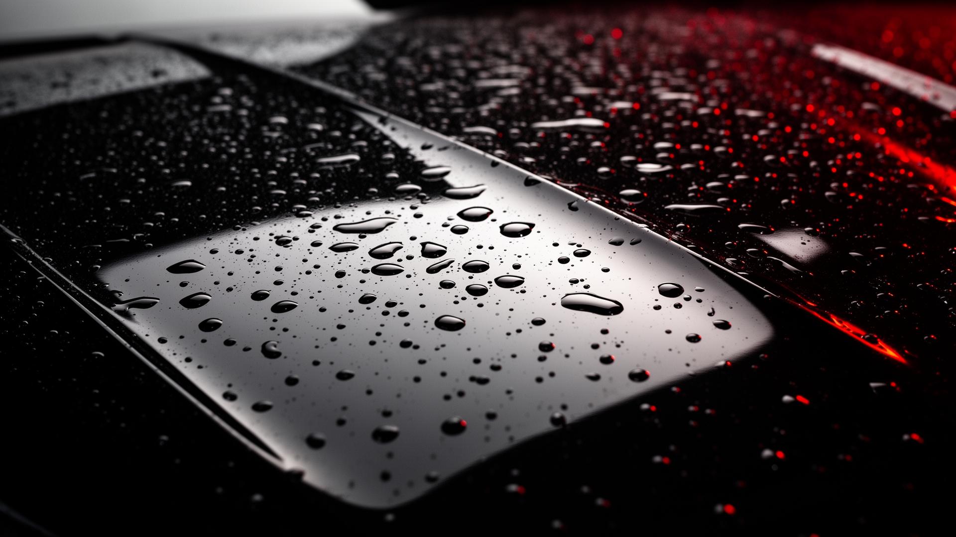 Macro of glossy black car paint with water beads